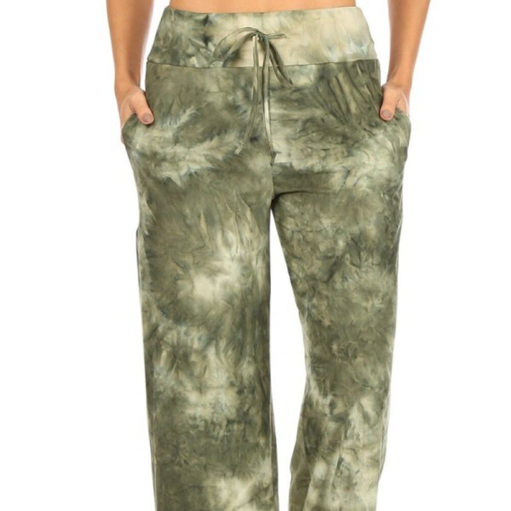 Olive Tie Dye Pajama Pants Drawstring Elastic Waistband Loungewear w/Pockets, S